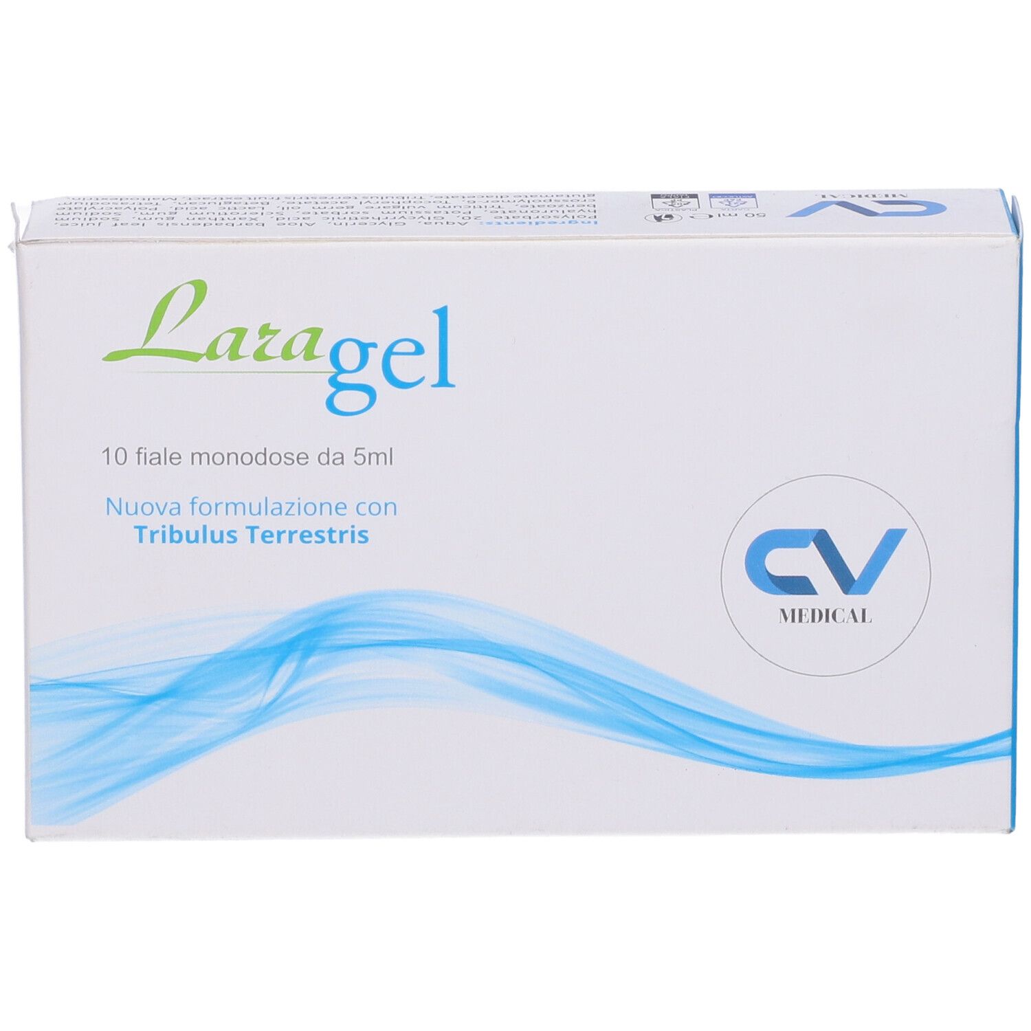 Scatola Laragel. 10 fiale da 5 ml. Logo CV MEDICAL e onde blu.