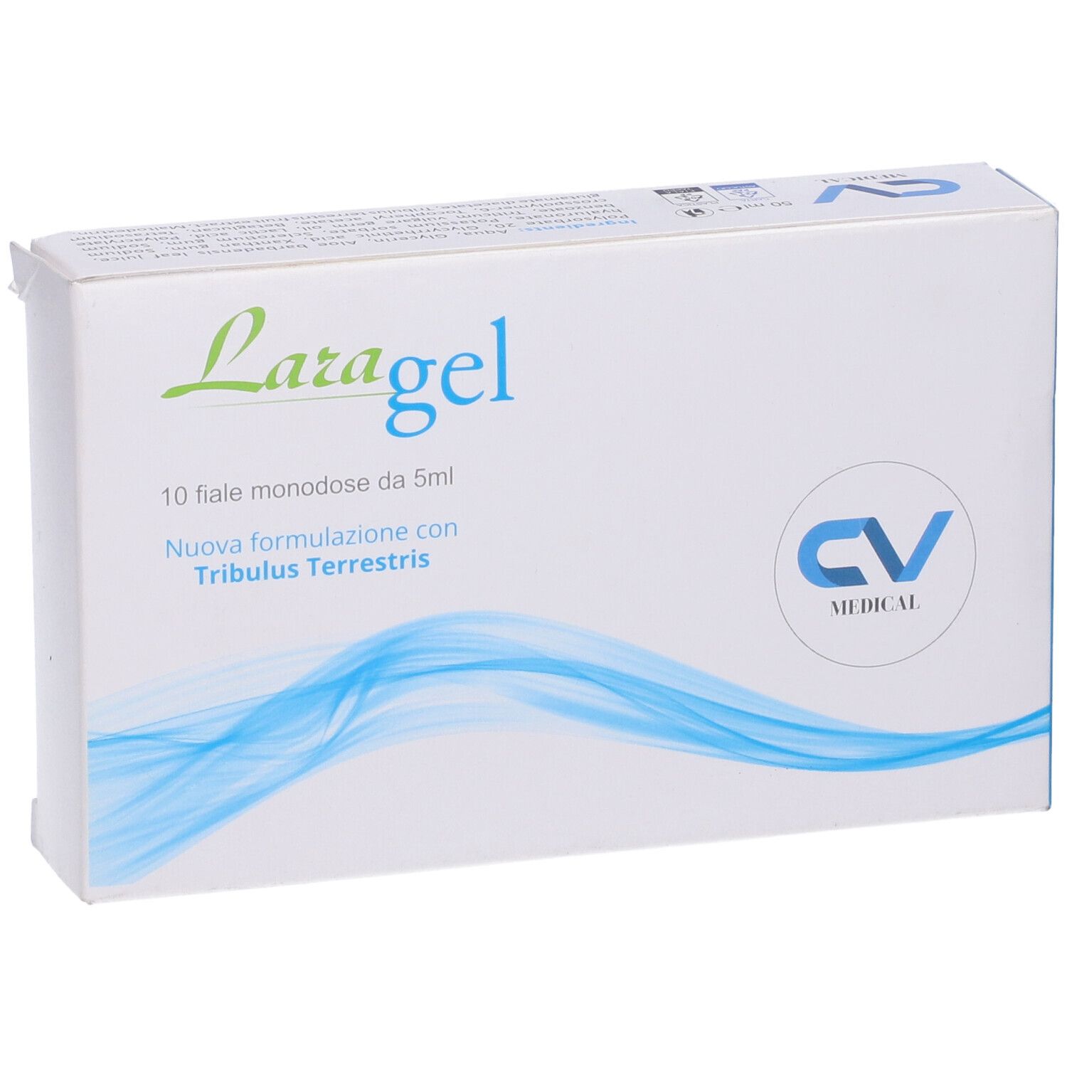 Scatola Laragel. 10 fiale da 5 ml. Logo CV MEDICAL.