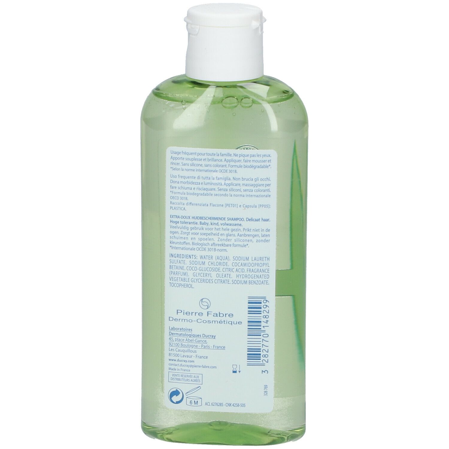 Retro del flacone di shampoo. Testo: Ingredienti, Pierre Fabre. Codice QR. Testo multilingue. Simbolo di riciclo.