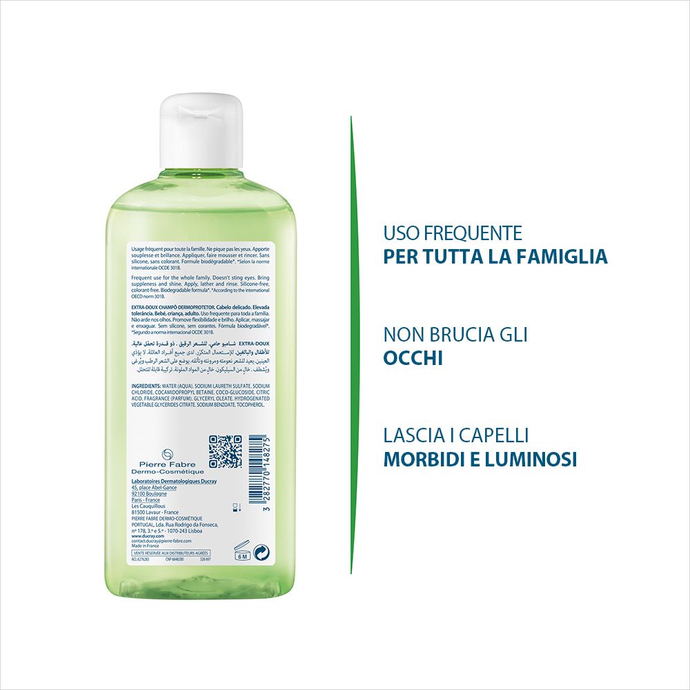 Retro del flacone di shampoo. Testo: Ingredienti, Pierre Fabre. Codice QR. Testo multilingue. Simbolo di riciclo.