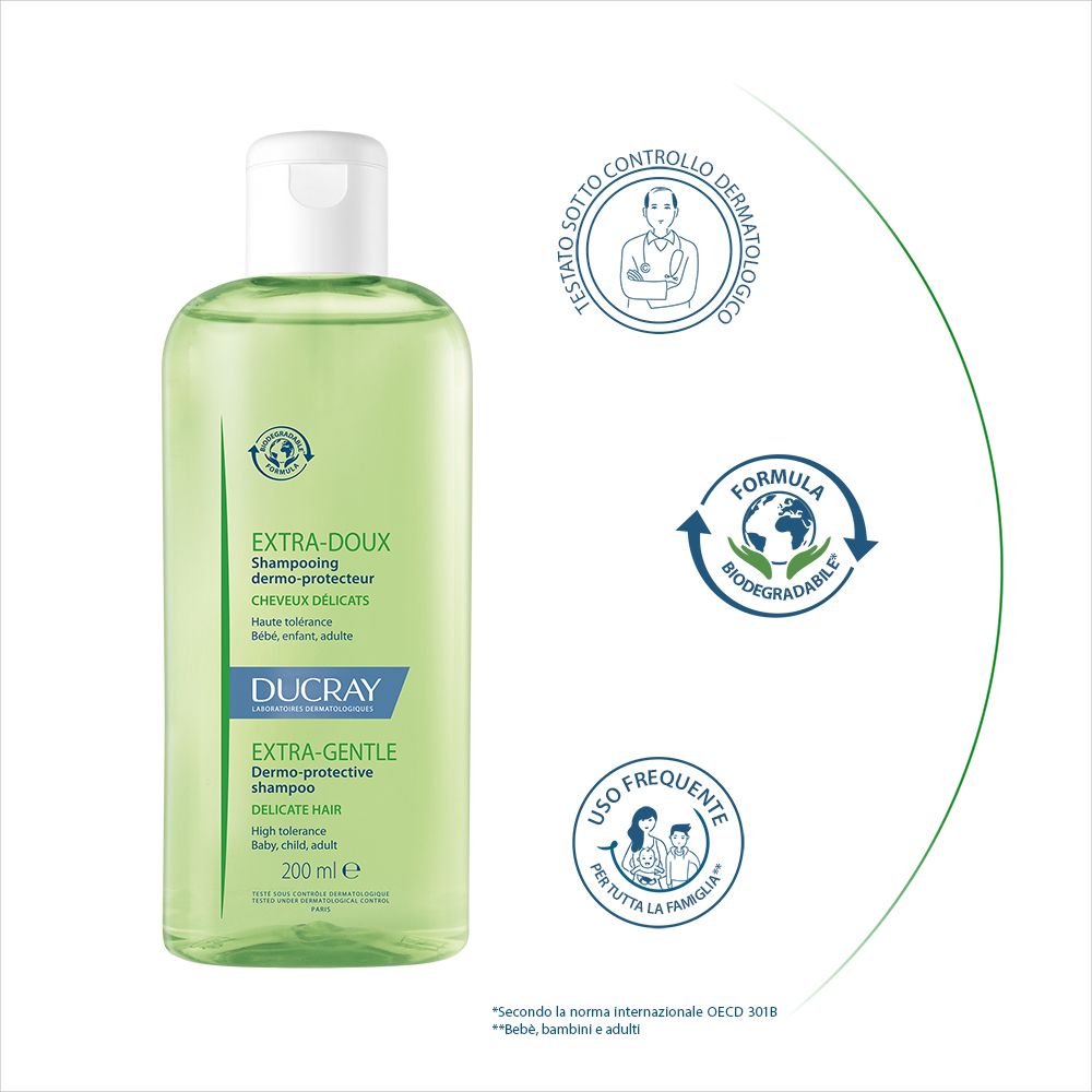 Flacone di shampoo con testo: EXTRA-DOUX, Ducray, 200 ml. Dermatologicamente testato. Formula biodegradabile. Per tutta la famiglia.