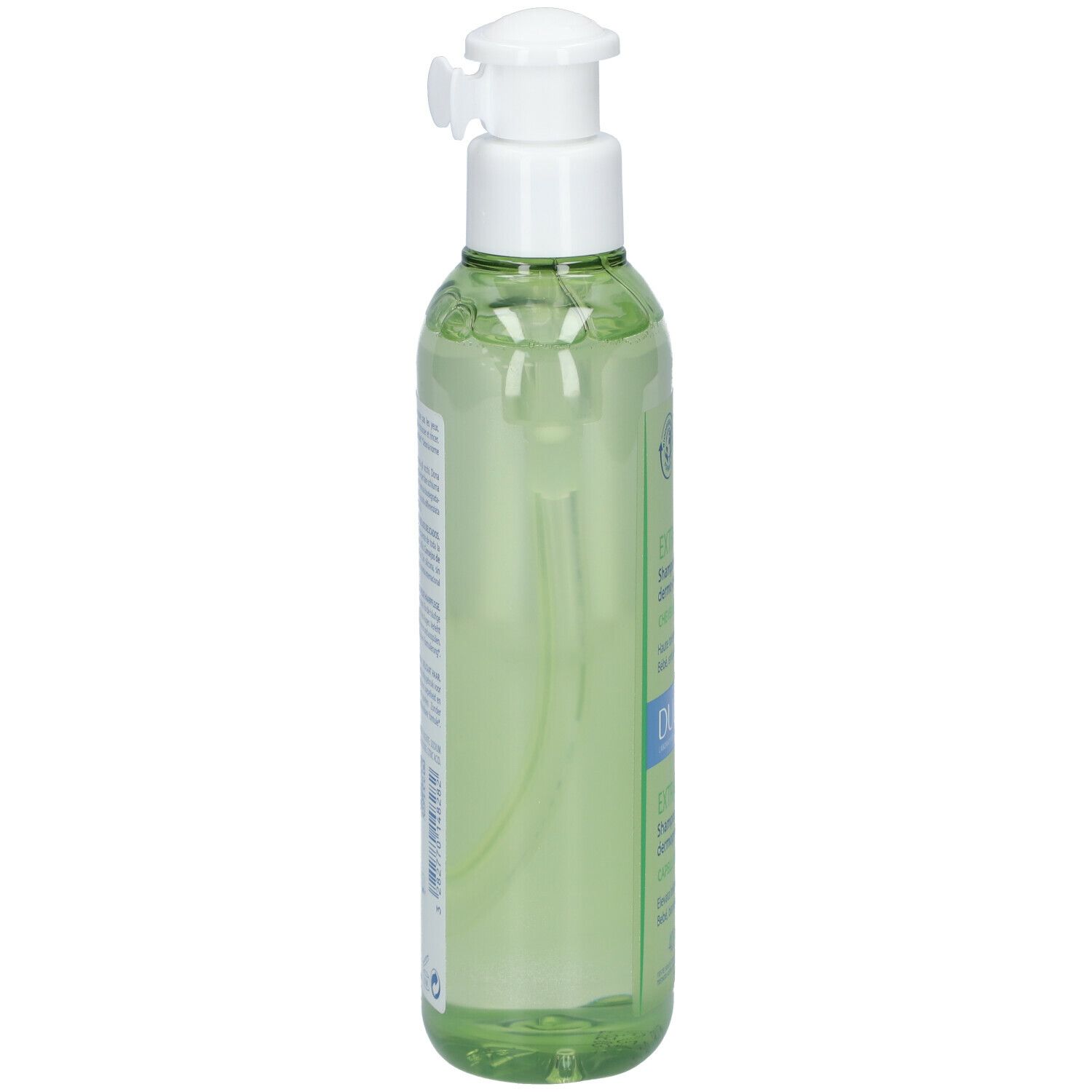 Flacone verde con dosatore. Vista laterale. Testo: Ducray.