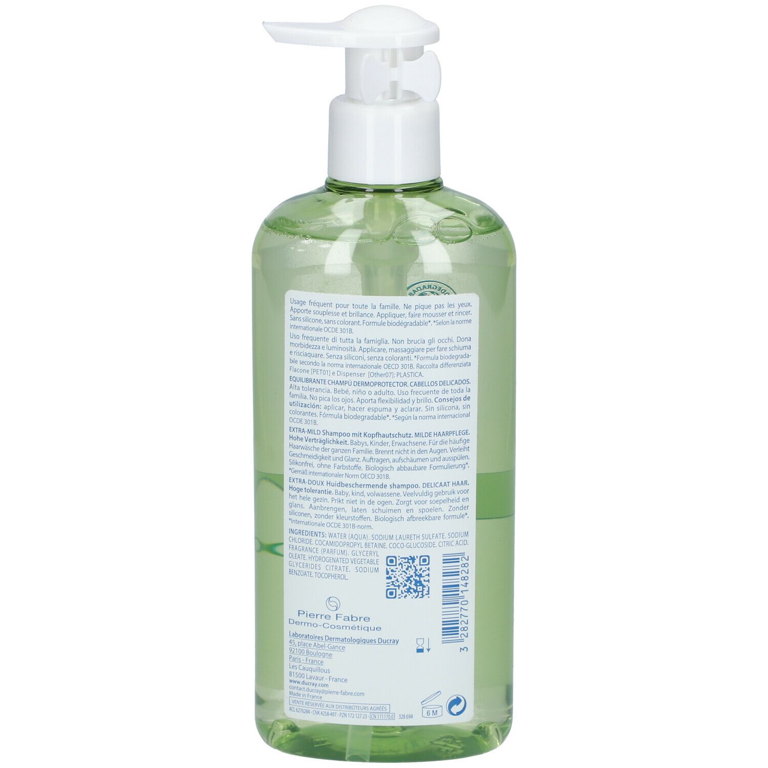 Retro del flacone verde. Testo: Ingredienti, Pierre Fabre.