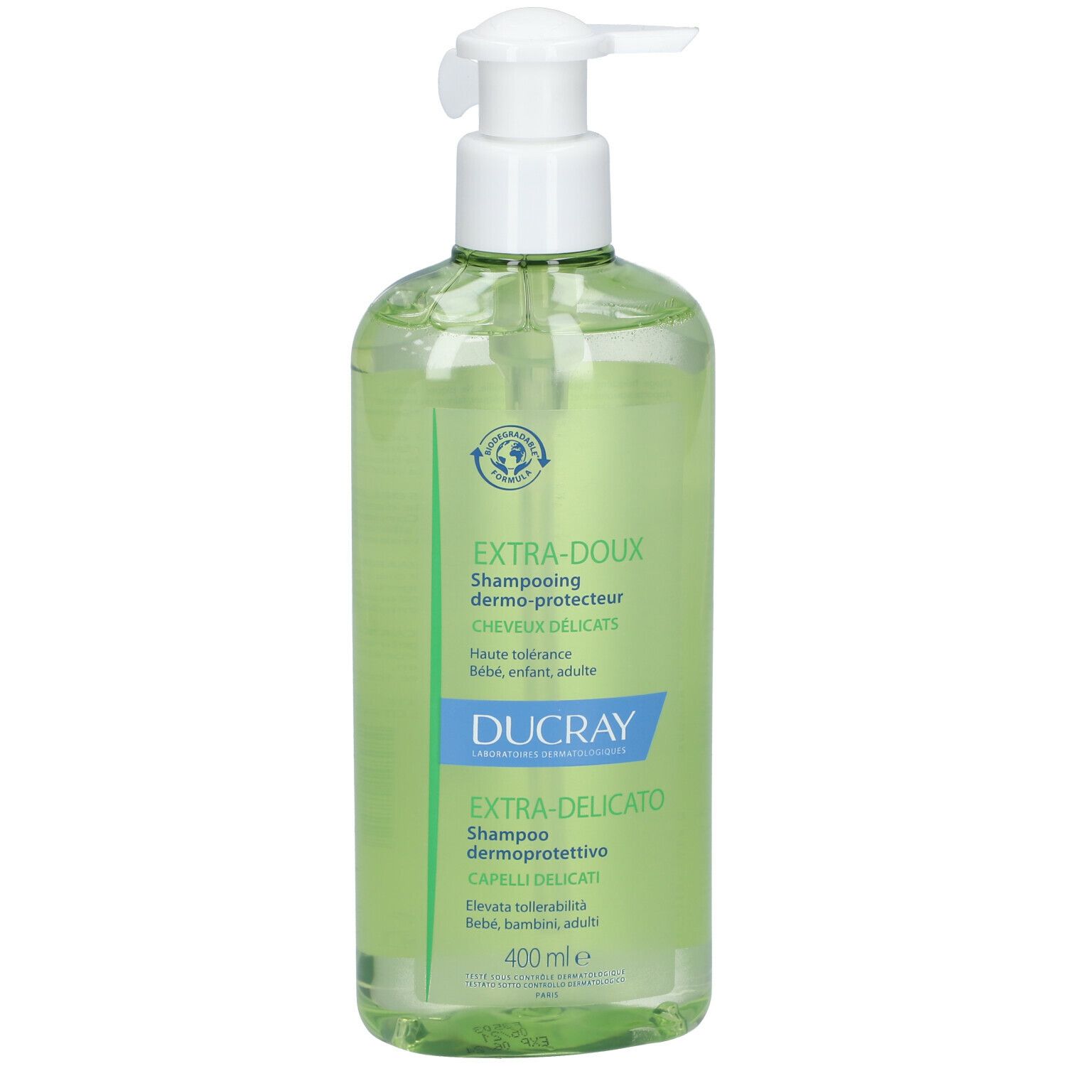 Flacone verde con dosatore. Testo: Extra-Doux, Shampooing dermo-protecteur, Ducray, Extra-Delicato, 400 ml.