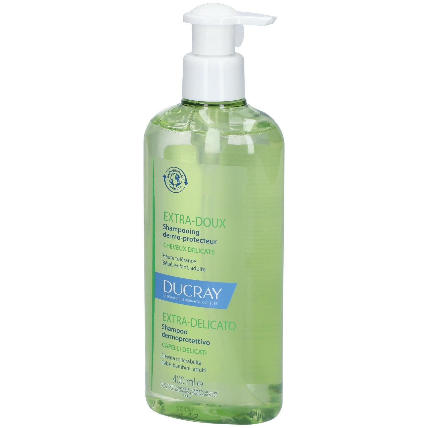 Flacone verde con dosatore. Testo: Extra-Doux, Shampooing dermo-protecteur, Ducray, Extra-Delicato, 400 ml.