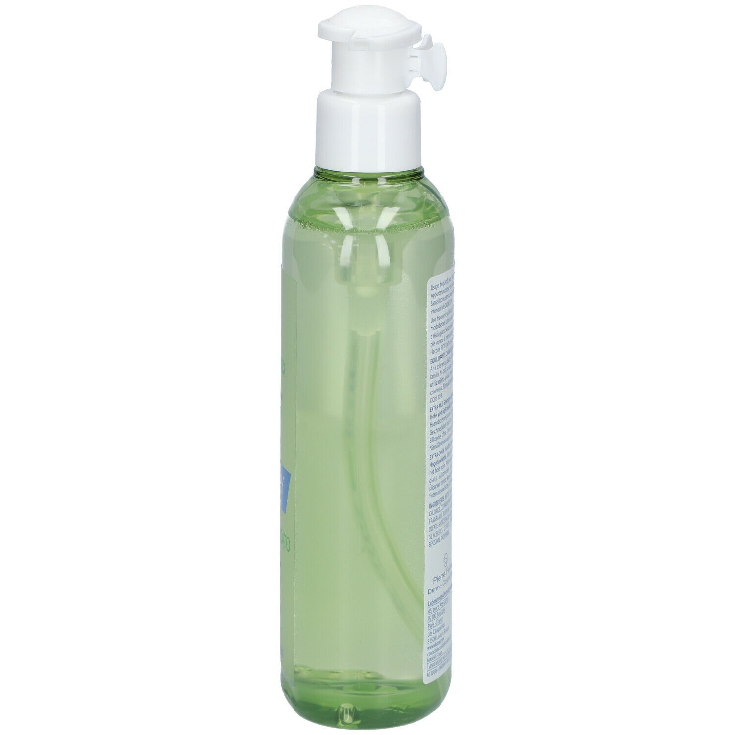 Flacone verde con dosatore. Vista laterale. Testo: Ducray.