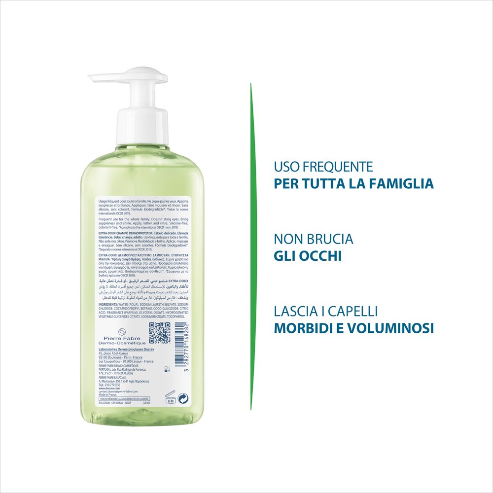 Retro del flacone verde. Testo: Uso frequente per tutta la famiglia, Non brucia gli occhi, Lascia i capelli morbidi e voluminosi.