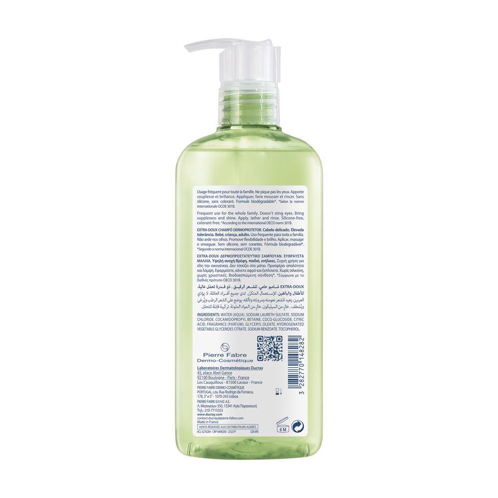 Retro del flacone verde. Testo: Ingredienti, Pierre Fabre, codice QR.