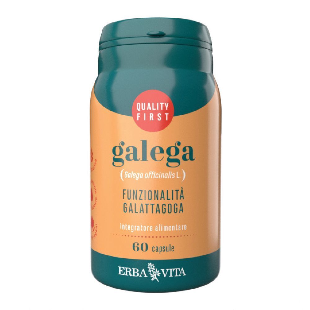 Flacone verde con capsule Galega. Scritta: 60 capsule, Erba Vita.