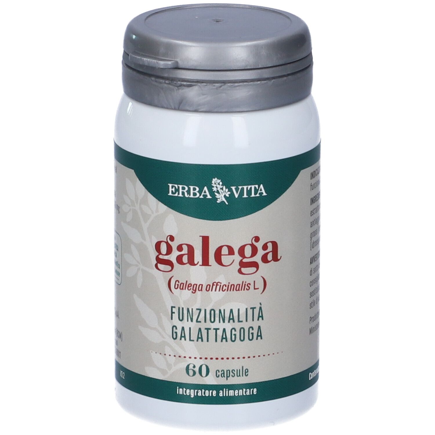 Flacone bianco con capsule Galega. Scritta: 60 capsule, Erba Vita.