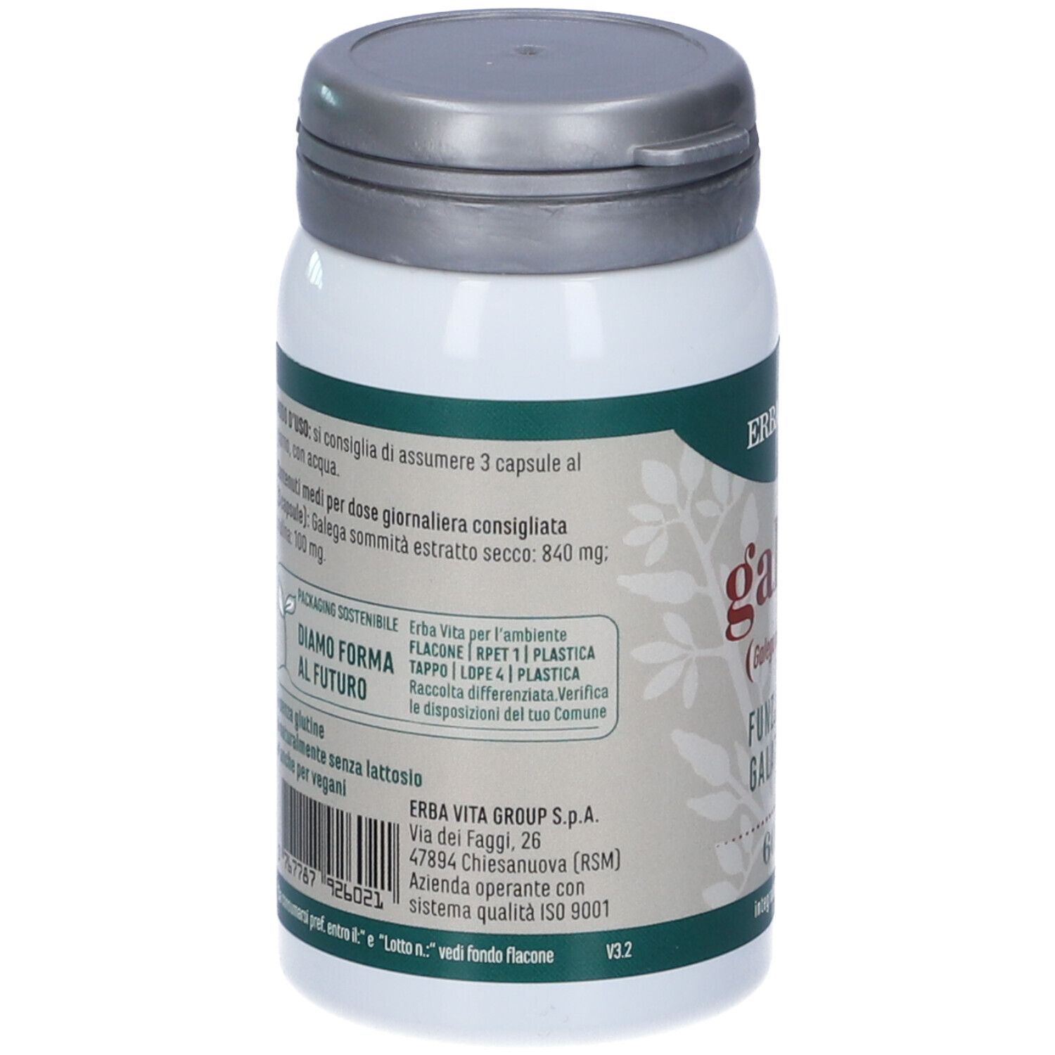Retro del flacone bianco con capsule Galega. Testo e logo Erba Vita.