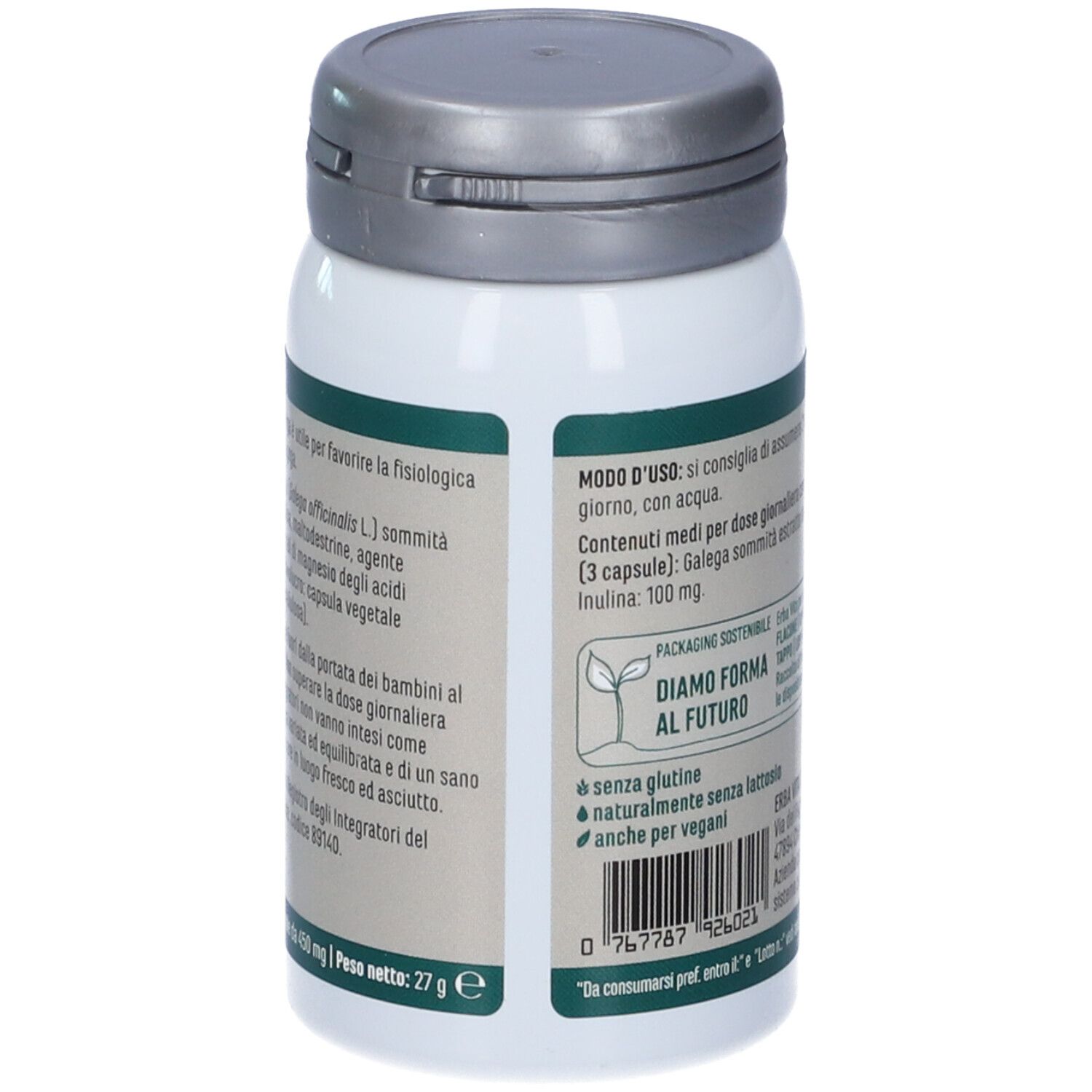 Retro del flacone bianco con capsule Galega. Testo e logo Erba Vita.