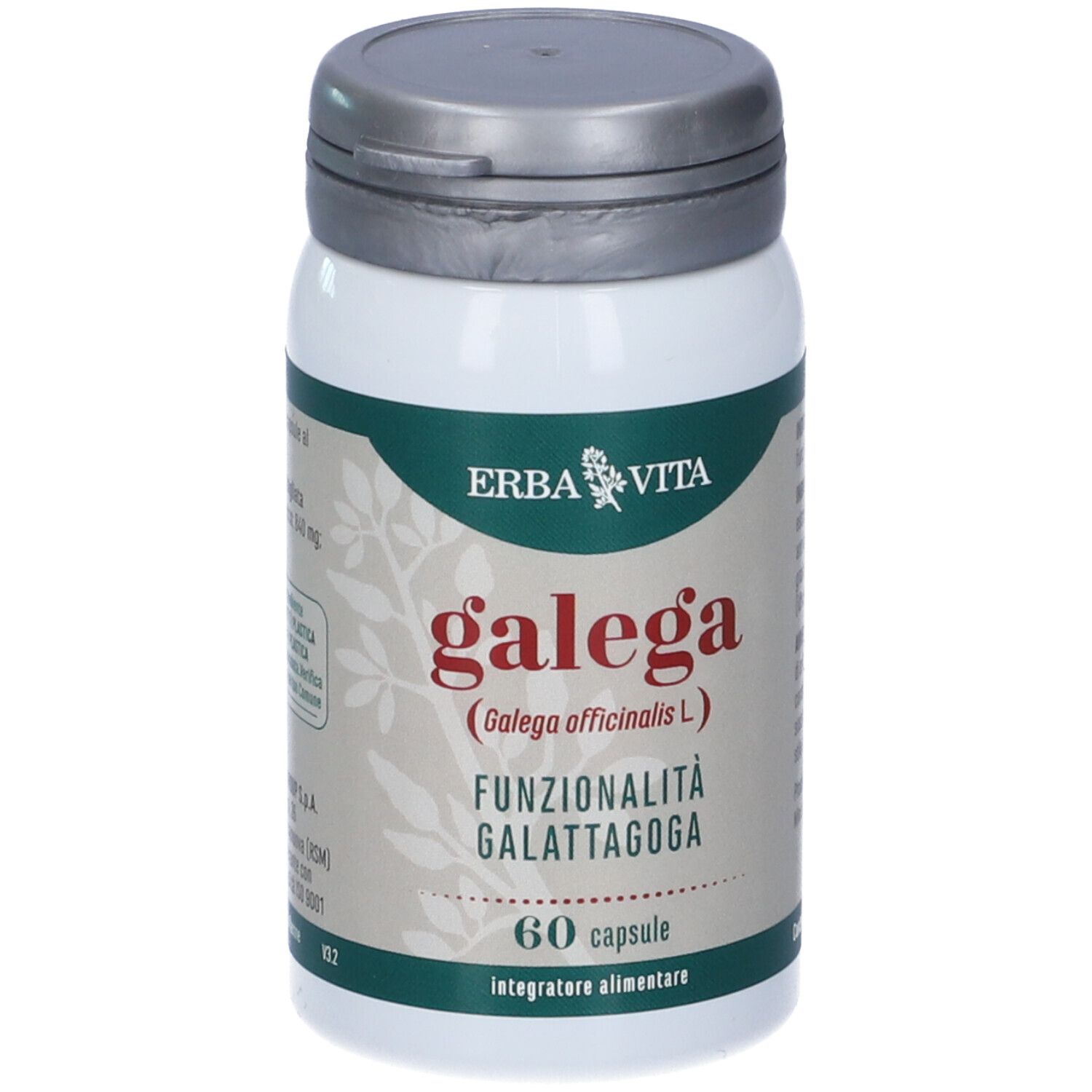 Flacone bianco con capsule Galega. Scritta: 60 capsule, Erba Vita.