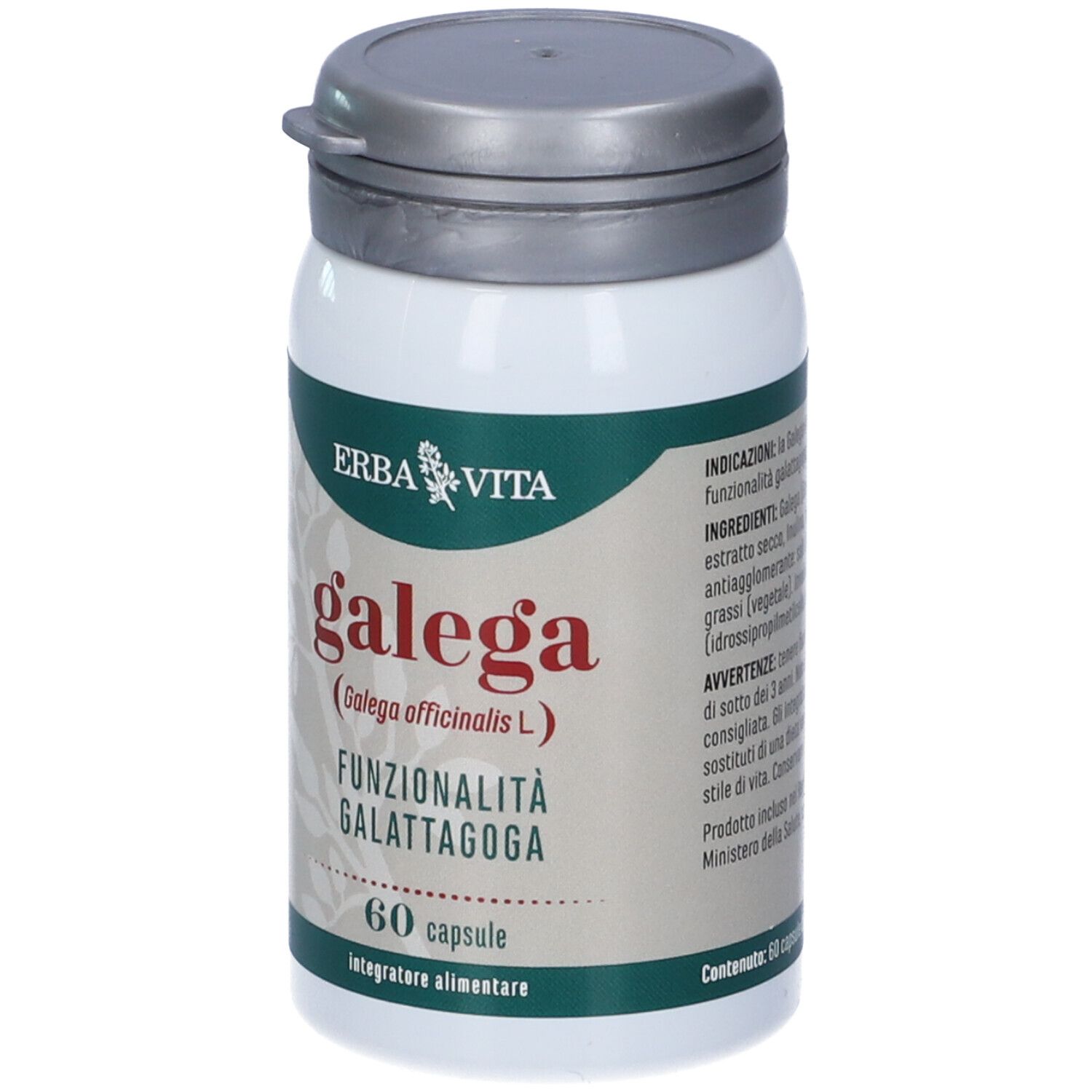 Flacone bianco con capsule Galega. Scritta: 60 capsule, Erba Vita.
