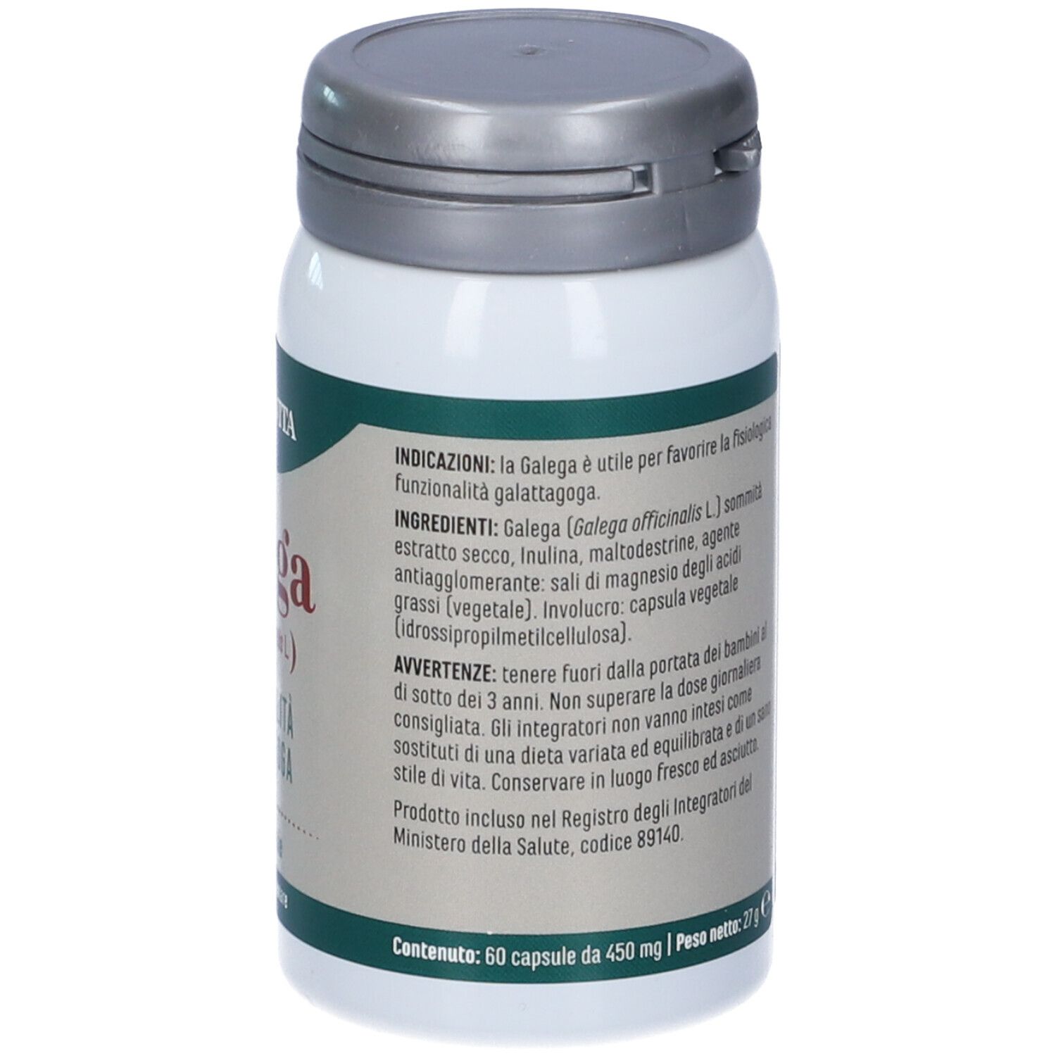 Retro del flacone bianco con capsule Galega. Testo e logo Erba Vita.