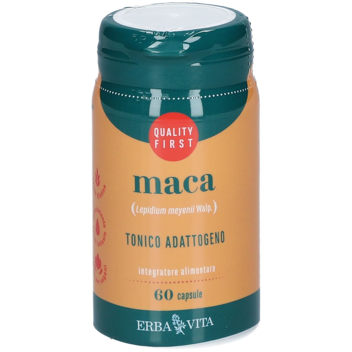 Flacone verde e beige con 'maca'. Contiene 60 capsule. Marchio: ERBA VITA. Con sigillo 'Quality First'.