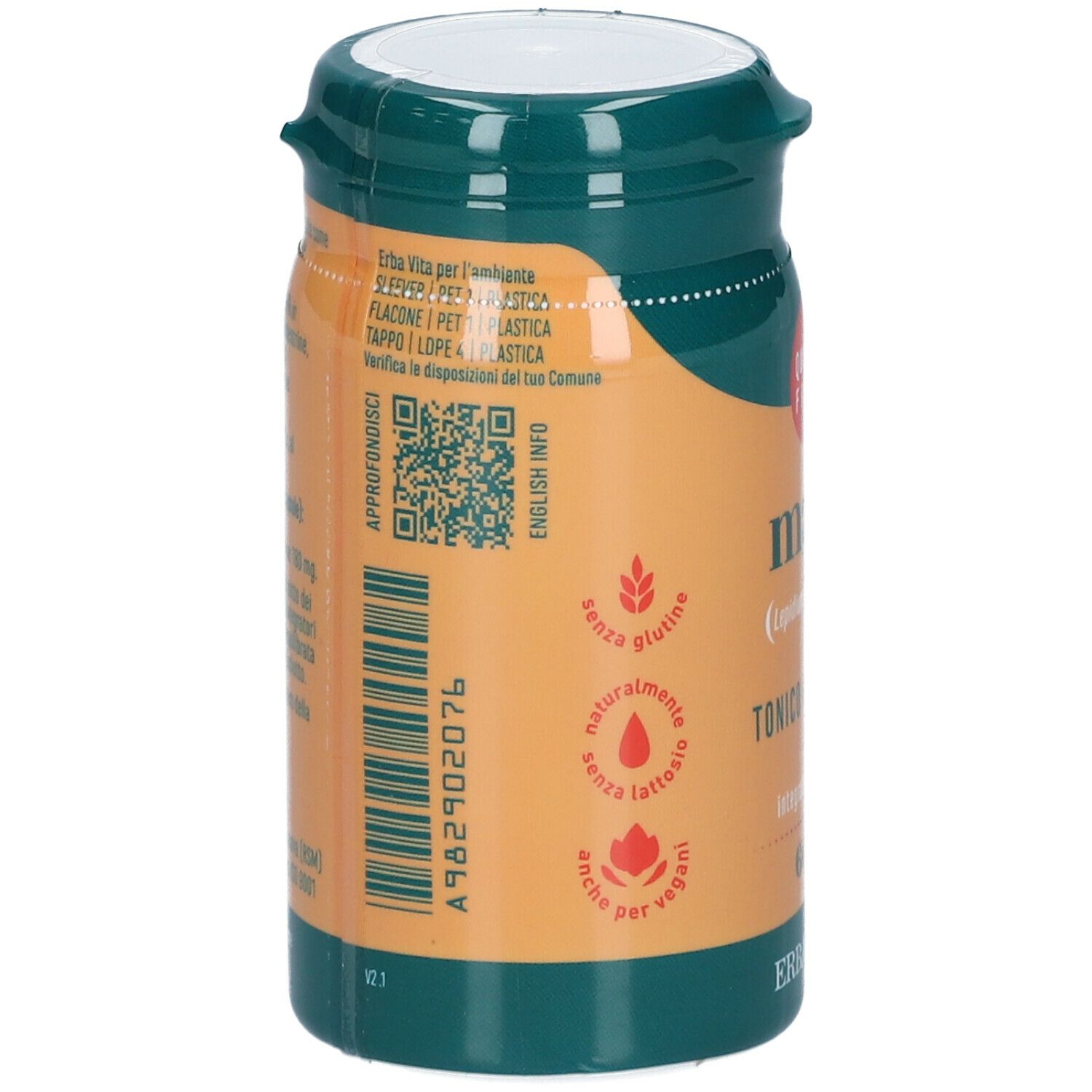 Retro del flacone con testo e codice QR. Contiene informazioni sugli ingredienti e certificazioni. 'senza glutine' e 'senza lattosio'.