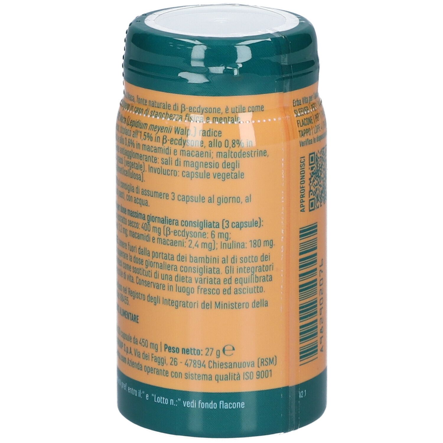 Flacone con testo. Contiene informazioni su ingredienti, dosaggio e avvertenze. Certificazione ISO 9001.