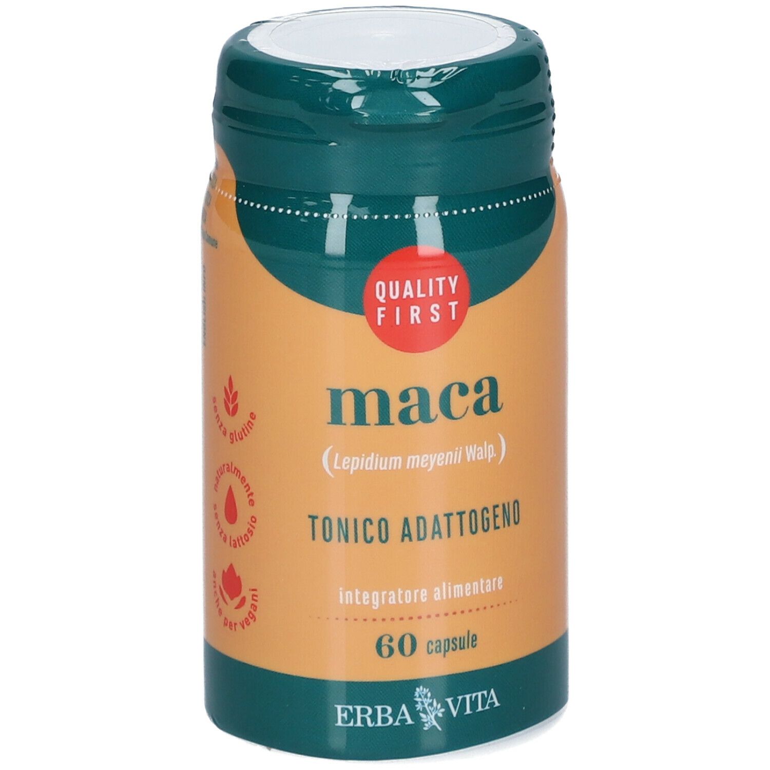 Flacone verde e beige con 'maca'. Contiene 60 capsule. Marchio: ERBA VITA. Con sigillo 'Quality First'.