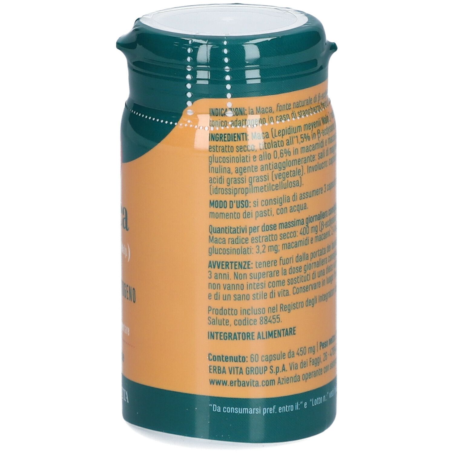 Flacone con testo. Contiene informazioni su ingredienti, dosaggio e avvertenze. Marchio: ERBA VITA.