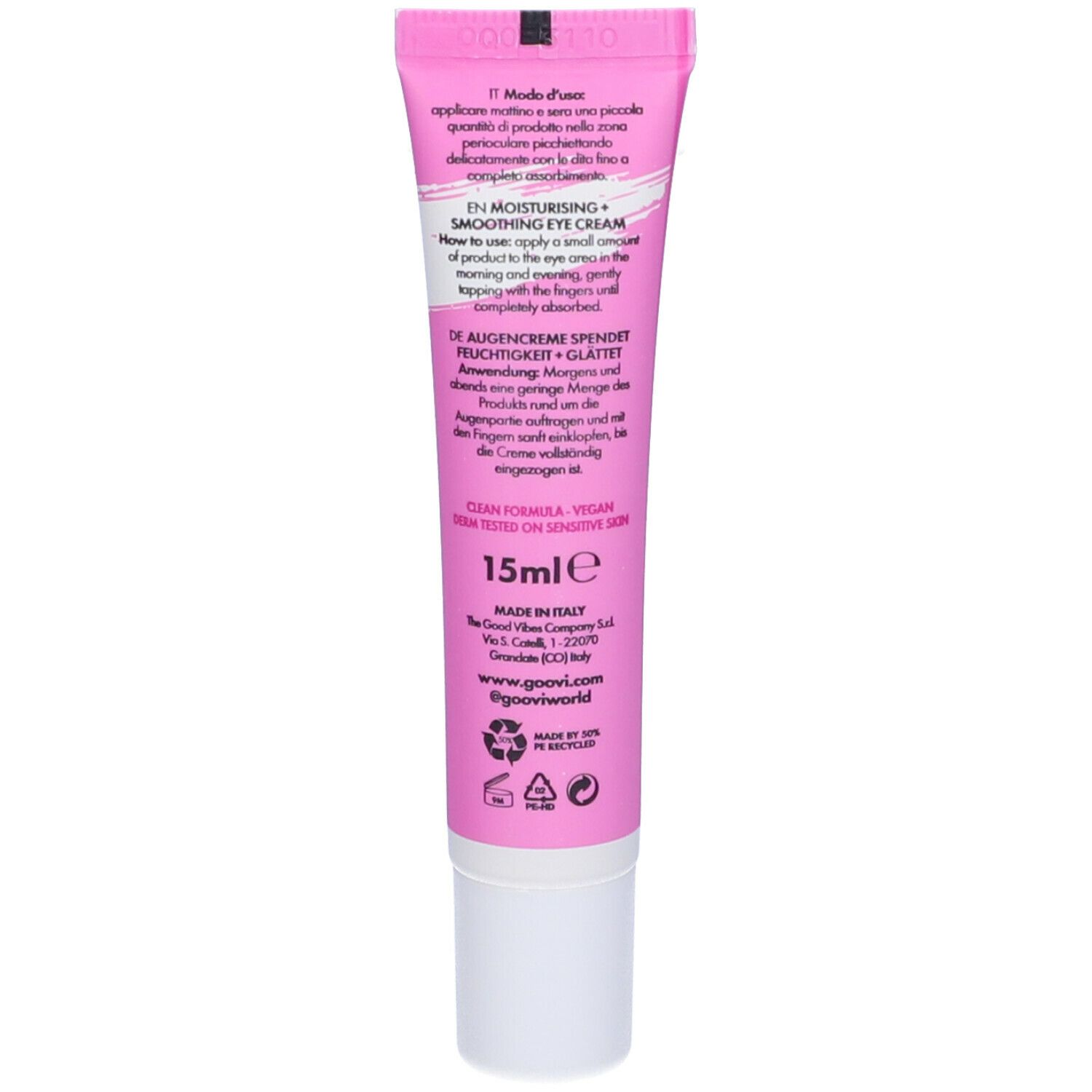 Retro del tubo. Contiene informazioni su utilizzo, ingredienti e produttore. Vegano, dermatologicamente testato, 15 ml.