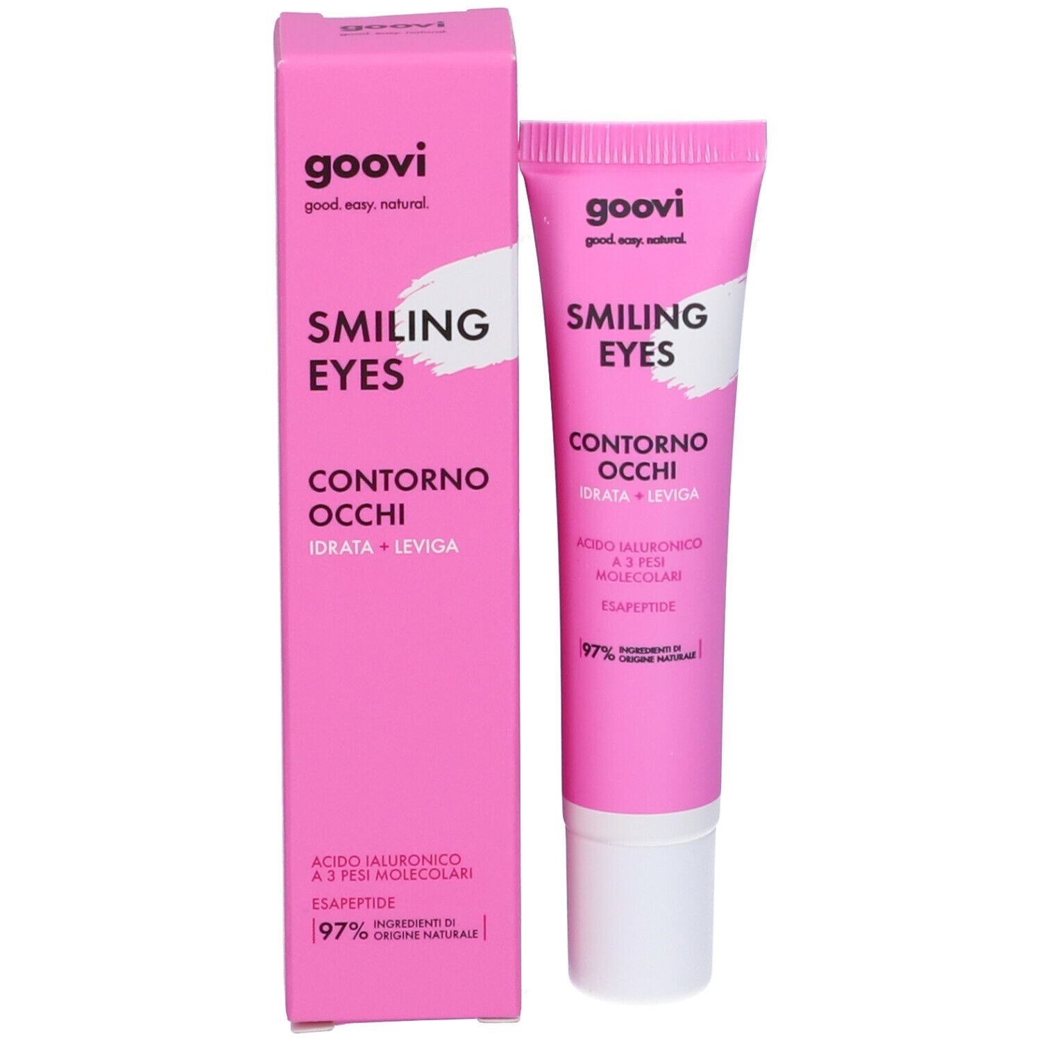 Scatola e tubo rosa. Scritto: Smiling Eyes, Contorno Occhi, Idrata + Leviga. Marchio: Goovi. Contiene crema contorno occhi.