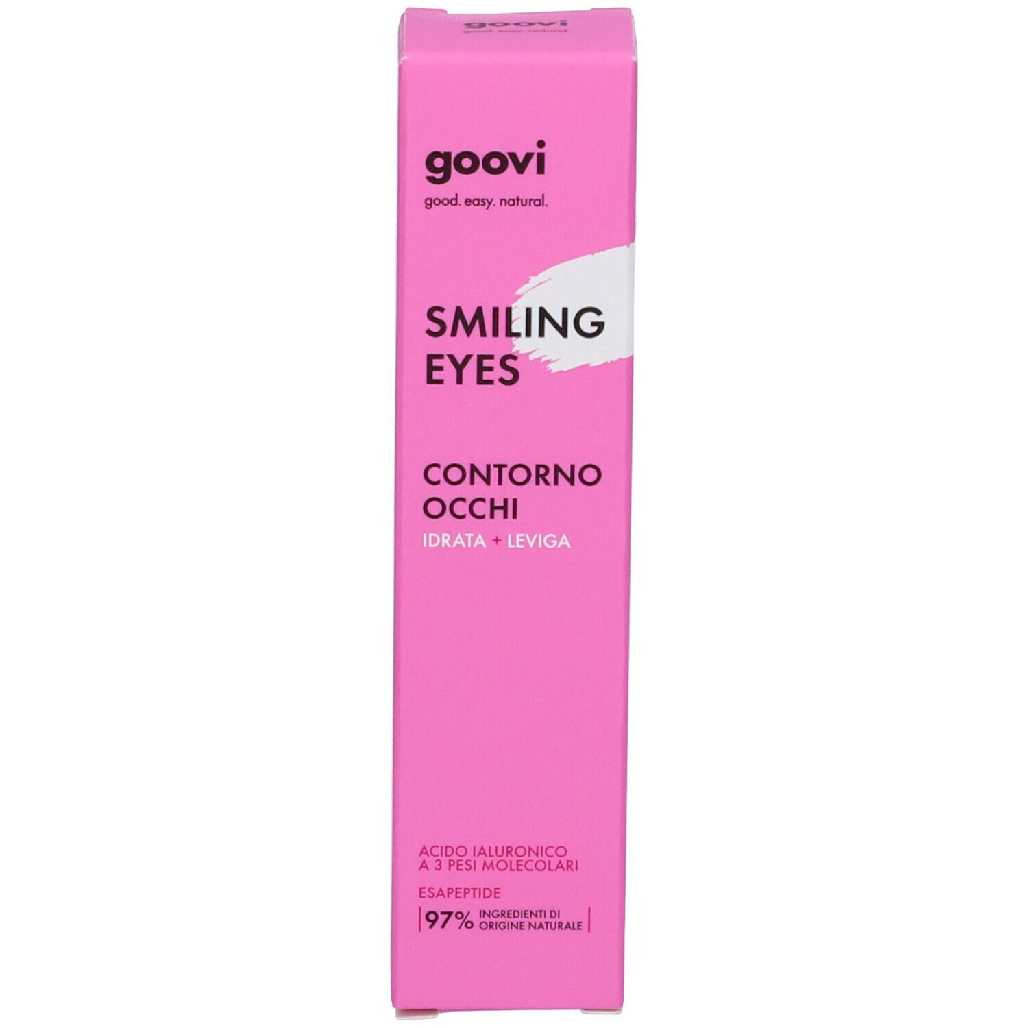 Scatola rosa. Scritto: Smiling Eyes, Contorno Occhi, Idrata + Leviga. Marchio: Goovi. Contiene crema contorno occhi.