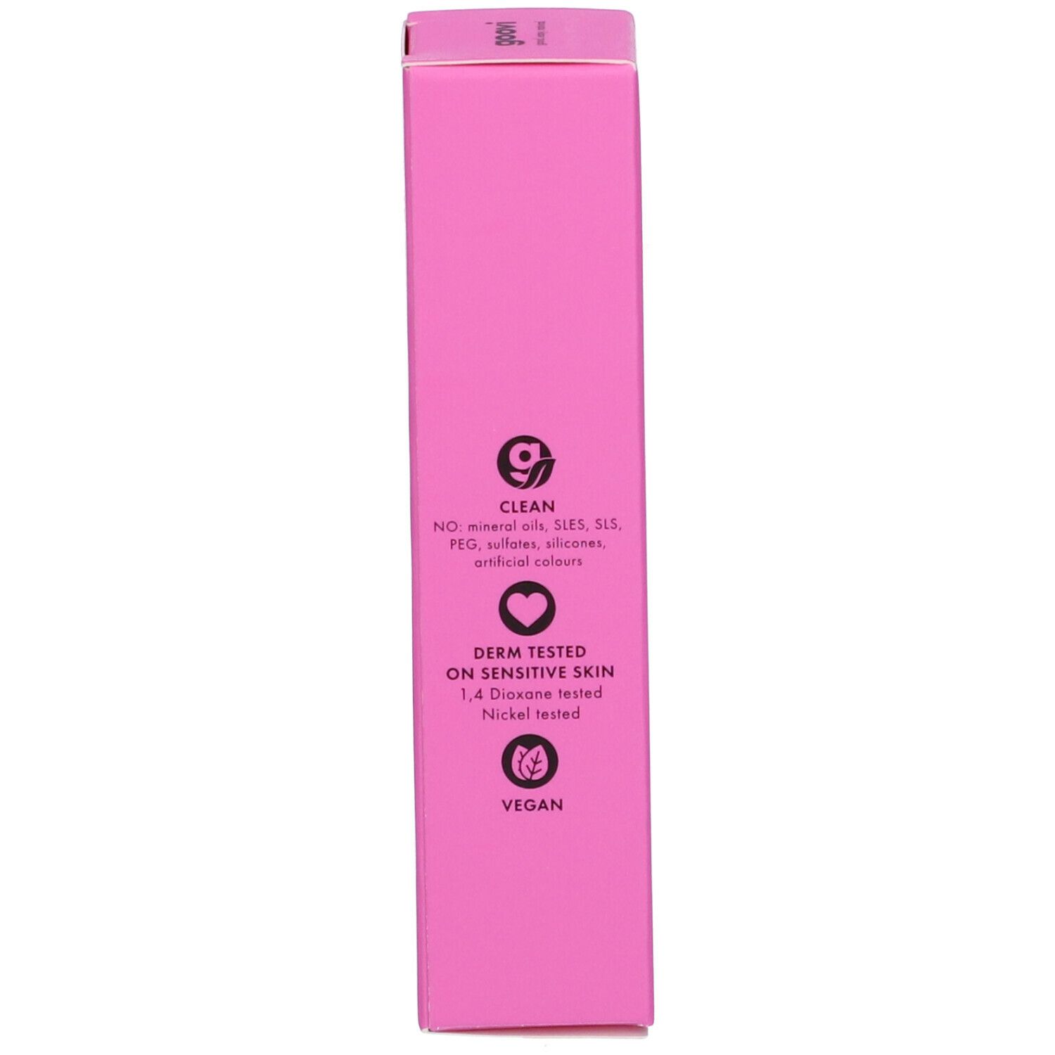 Lato della scatola rosa. Contiene informazioni sugli ingredienti e le certificazioni. Vegano, dermatologicamente testato.