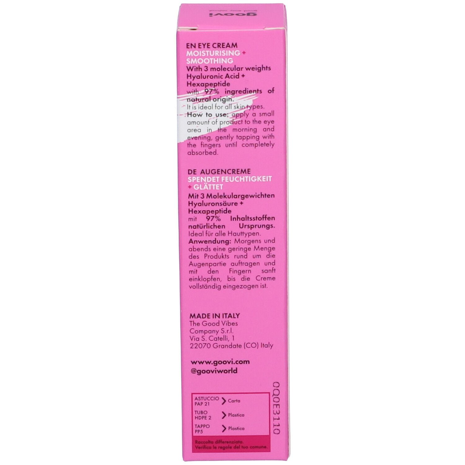 Retro della scatola rosa. Contiene informazioni su utilizzo, ingredienti e produttore. 15 ml.