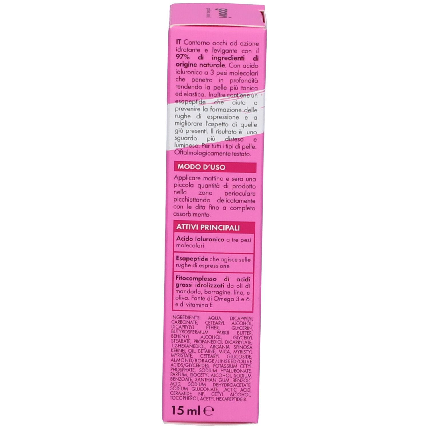 Retro della scatola rosa. Contiene informazioni su ingredienti e utilizzo. 15 ml.
