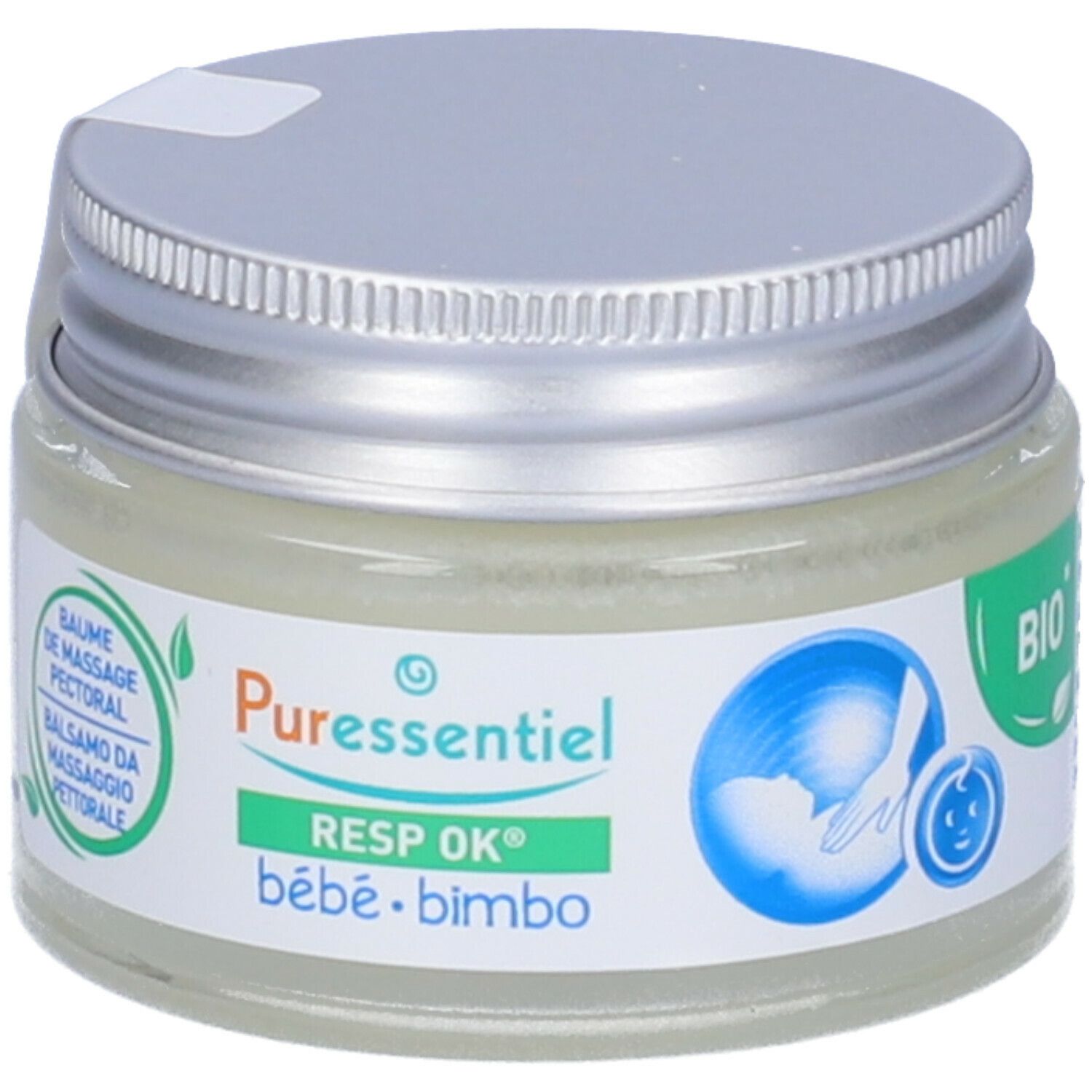 Vasetto di balsamo con coperchio argentato. Etichetta con logo, nome prodotto e testo. Design verde e blu. Sigillo BIO.
