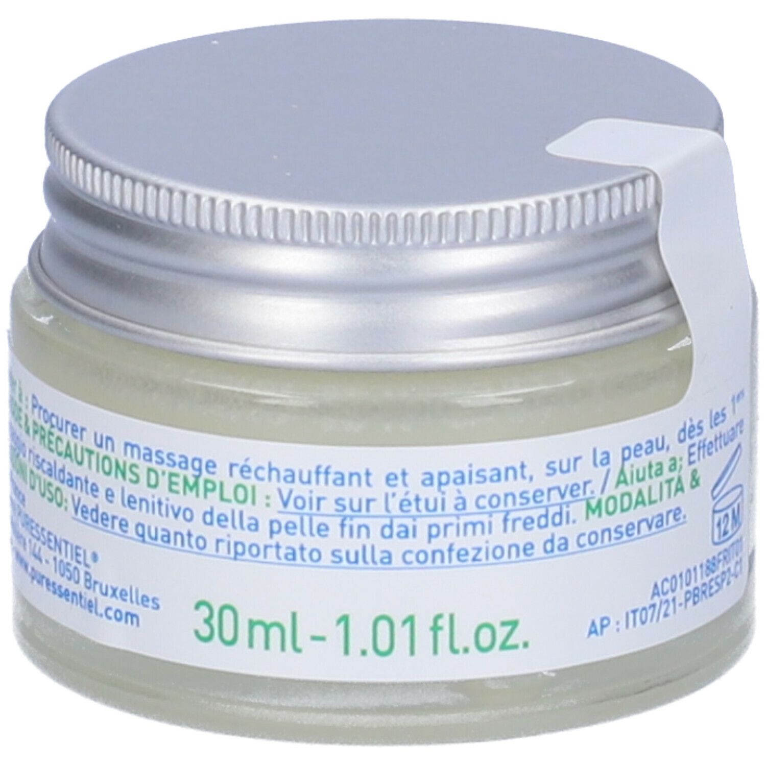 Vasetto di balsamo con coperchio argentato. Etichetta con testo e logo. 30ml-1.01fl.oz. Testo multilingue.