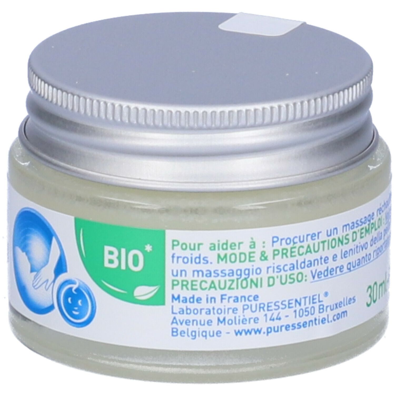 Vasetto di balsamo con coperchio argentato. Etichetta con logo, testo e sigillo BIO. Design blu e verde. 30ml.