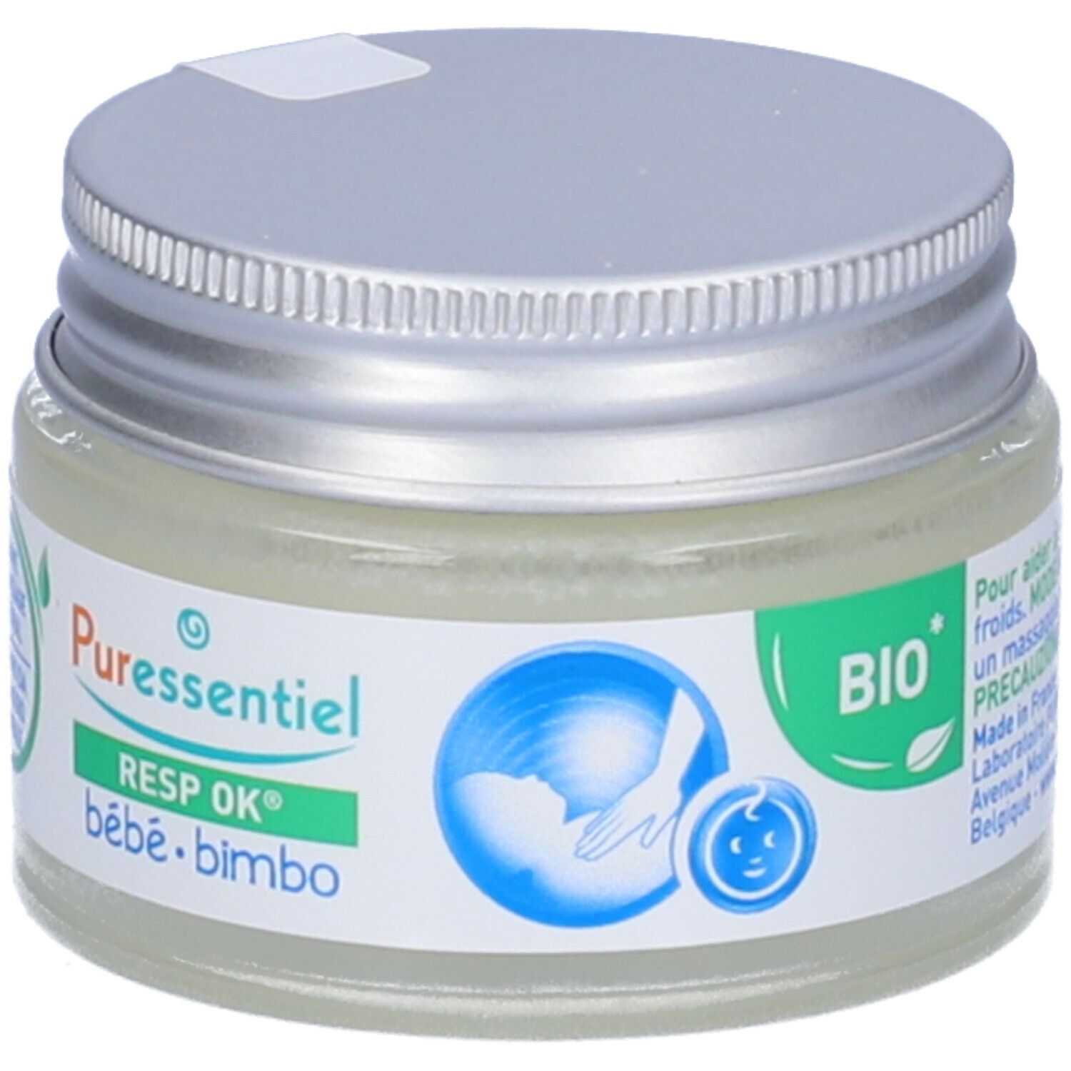 Vasetto di balsamo con coperchio argentato. Etichetta con logo, testo e sigillo BIO. Design blu e verde.
