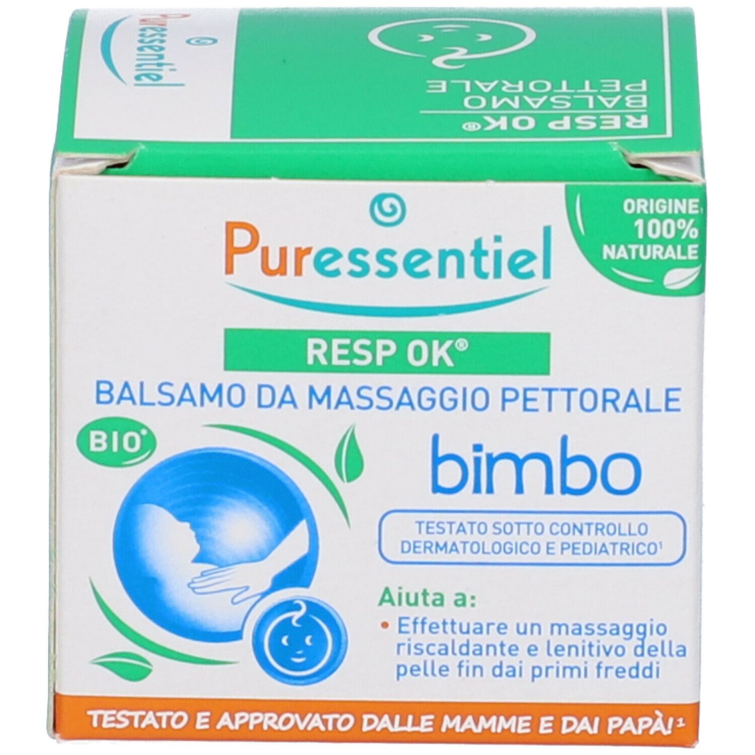 Scatola con logo, testo e sigillo BIO. Design verde e blu. Testo multilingue. 100% naturale.