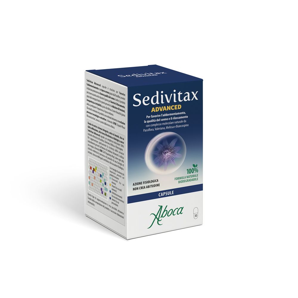 Scatola Sedivitax Advanced. Confezione blu con nome e logo del prodotto. Formula 100% naturale.