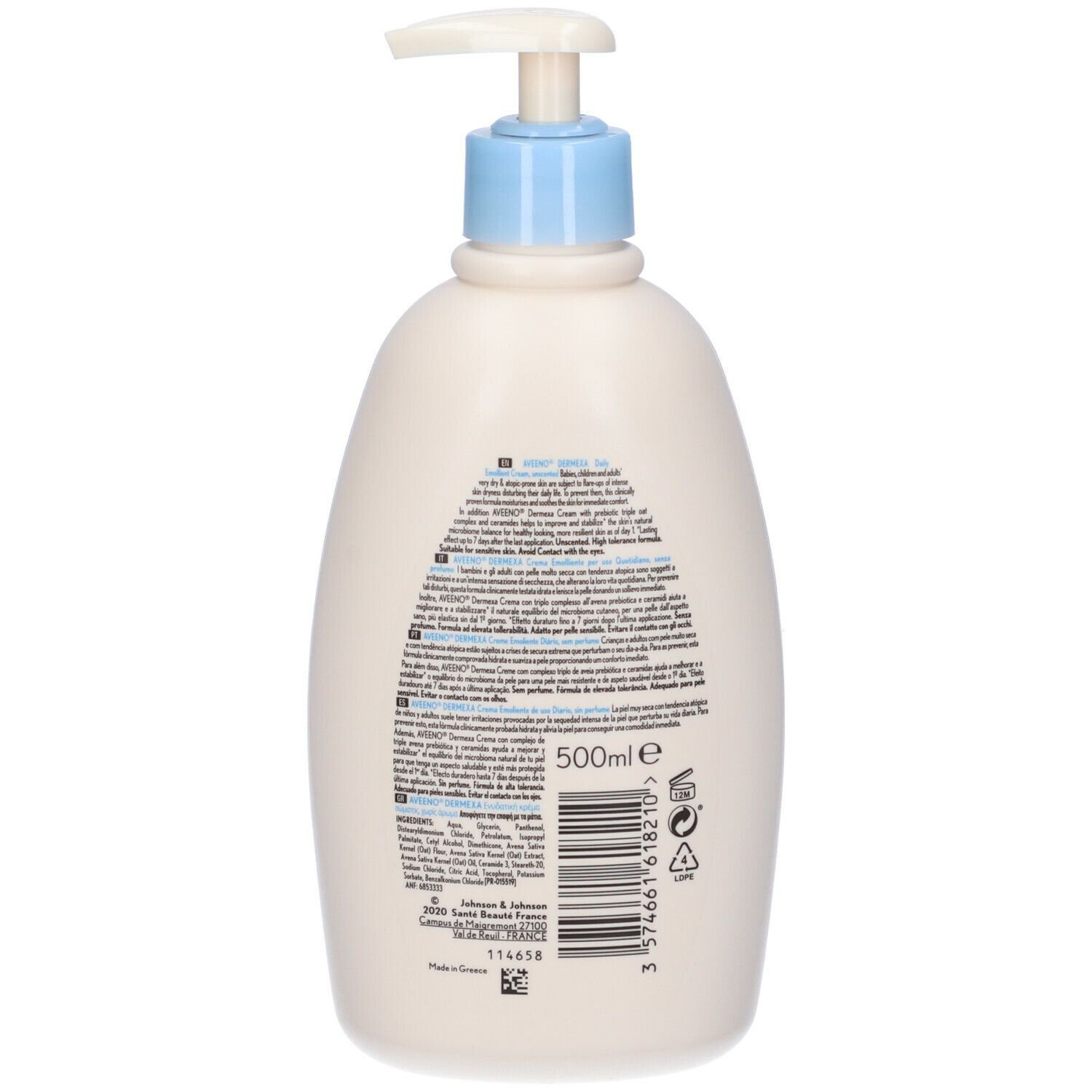 Retro del flacone di crema. Testo e codice a barre.