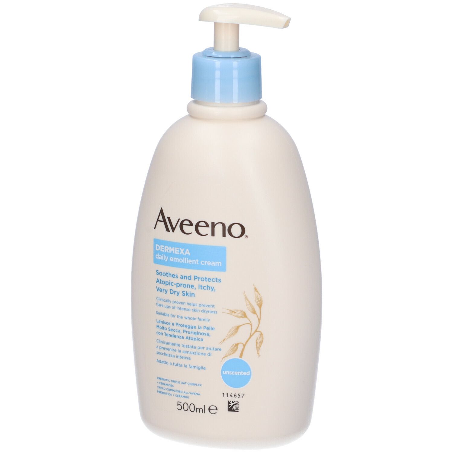 Flacone di crema Aveeno Dermexa con dosatore blu. 500 ml.