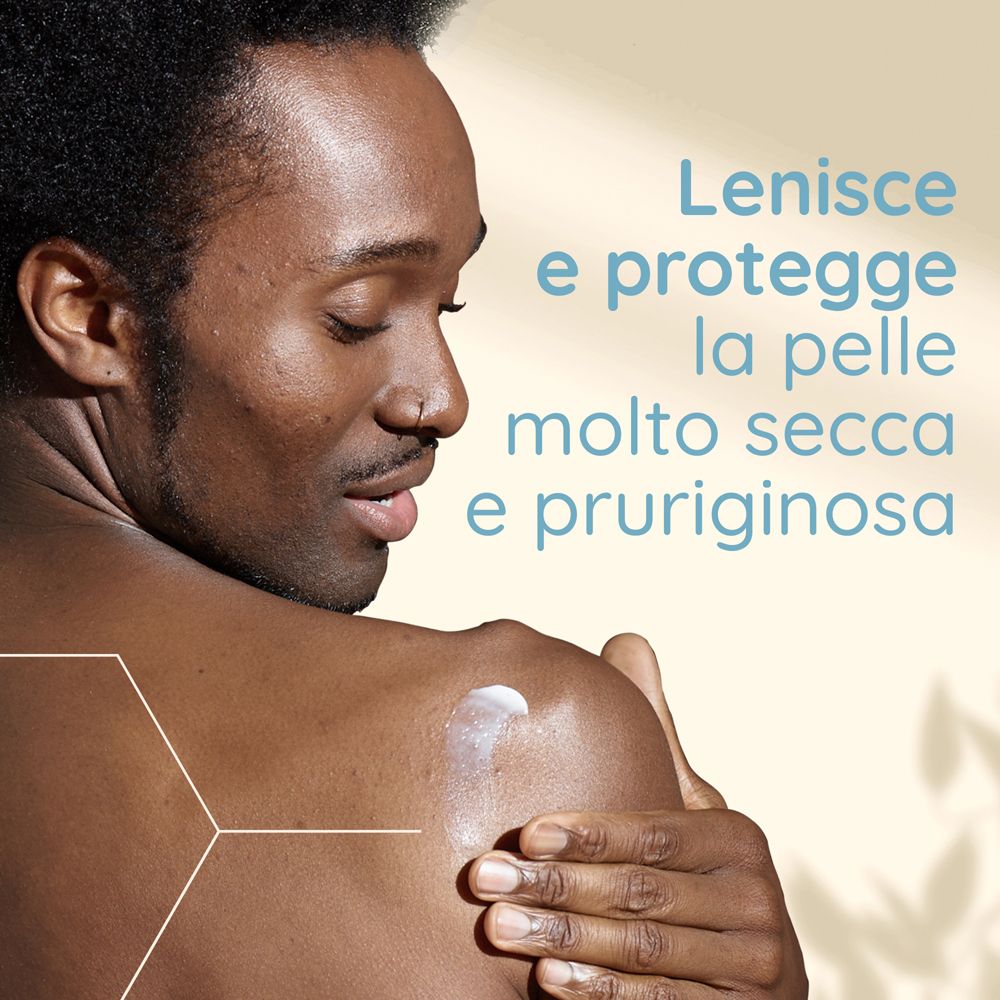 Uomo applica crema sulla spalla. Testo: Lenisce e protegge la pelle molto secca e pruriginosa.