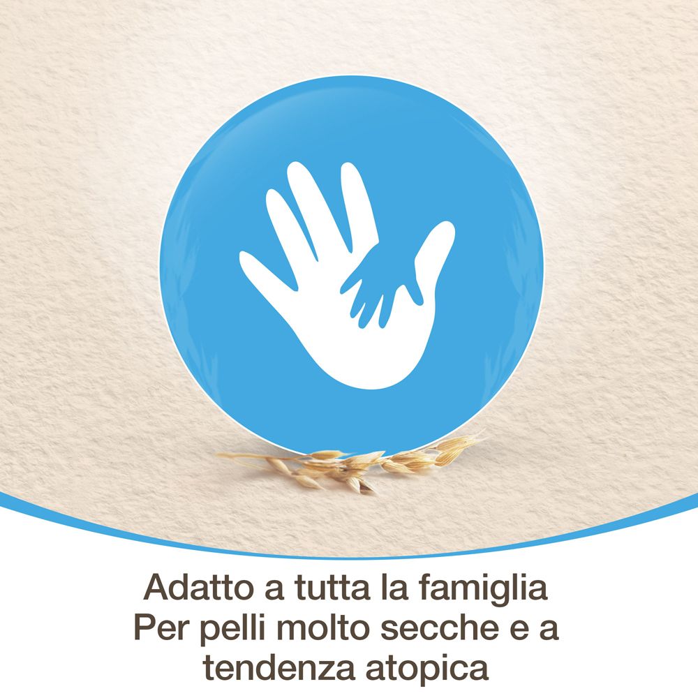 Logo blu con mani. Testo: Adatto a tutta la famiglia. Per pelli molto secche e a tendenza atopica.