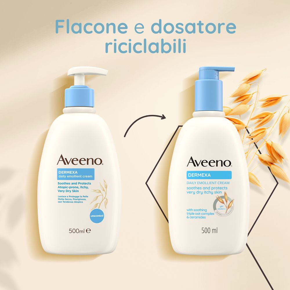 Due flaconi. Testo: Flacone e dosatore riciclabili. Aveeno Dermexa. 500 ml.
