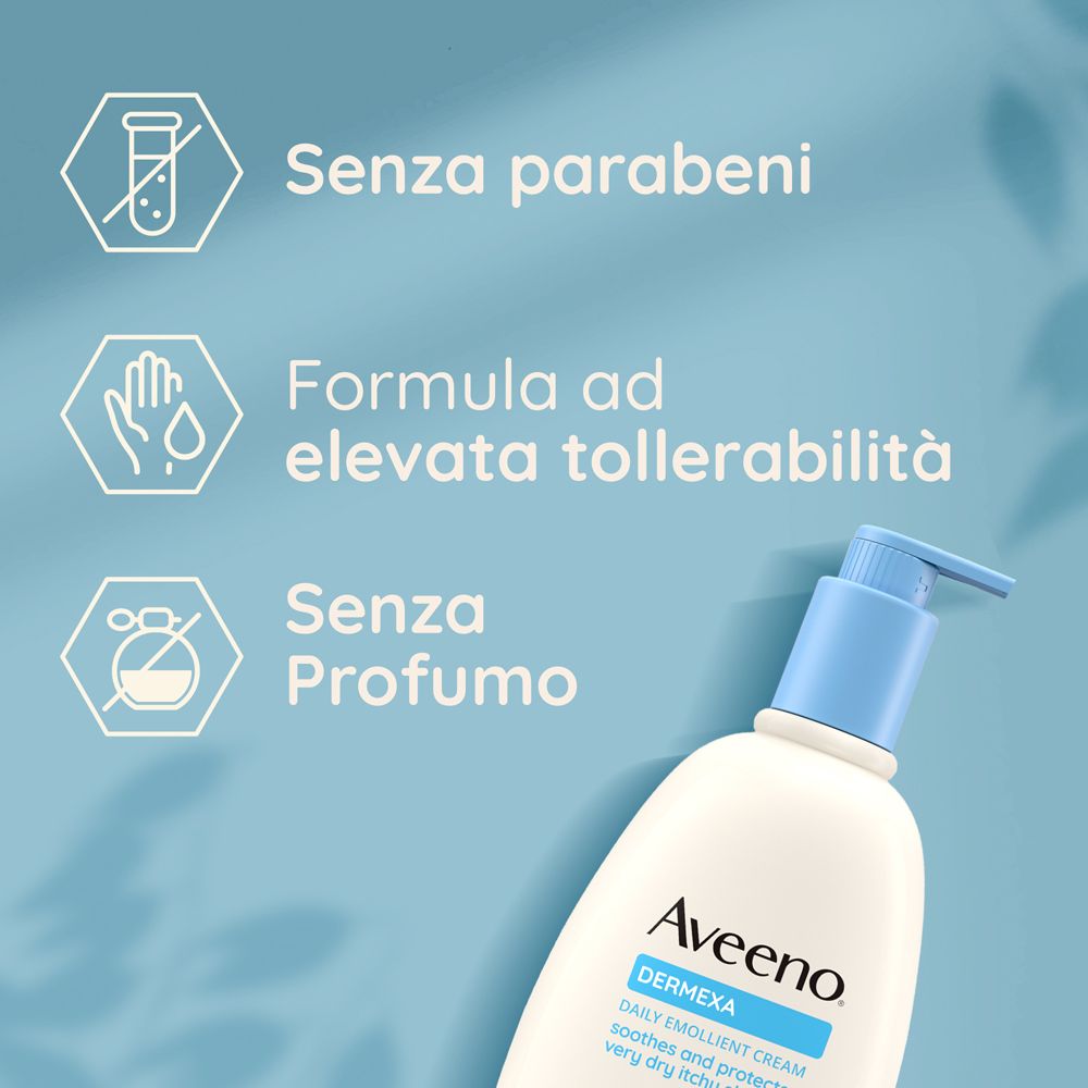 Testo: Senza parabeni. Formula ad elevata tollerabilità. Senza profumo. Aveeno Dermexa.