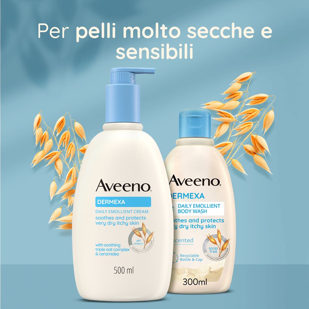 Due flaconi. Testo: Per pelli molto secche e sensibili. Aveeno Dermexa. 500 ml e 300 ml.