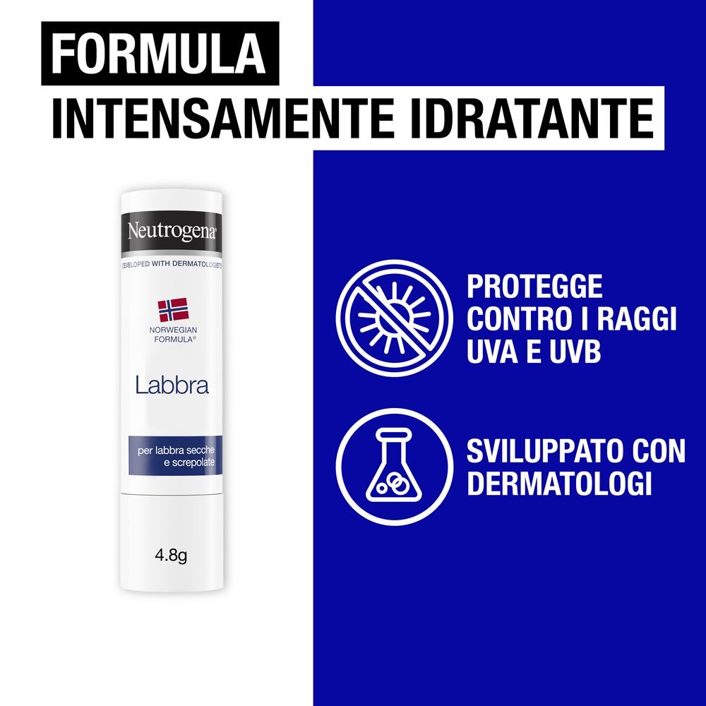 Neutrogena Lippenbalsam-Stick. Text auf blauem Hintergrund: Intensiv feuchtigkeitsspendend. UV-Schutz.