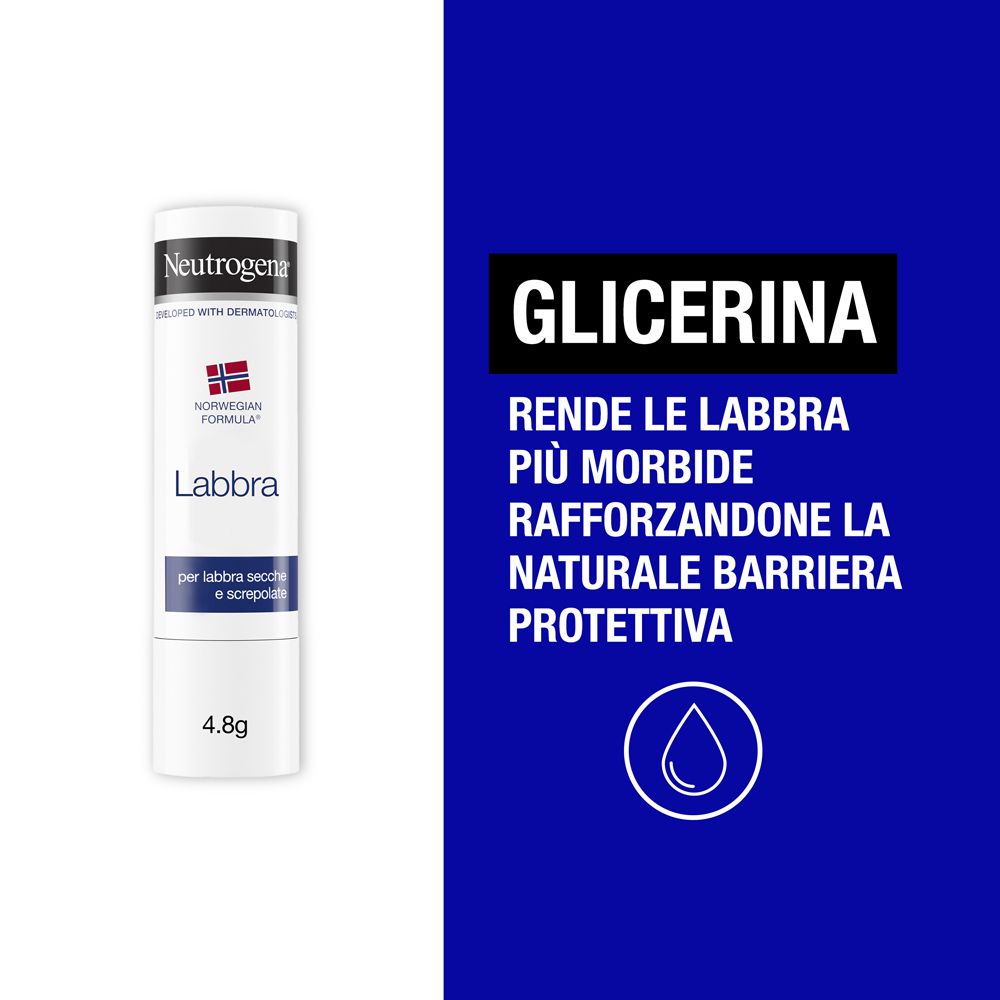 Neutrogena Lippenbalsam-Stick. Text auf blauem Hintergrund: Glycerin. Macht die Lippen weich.