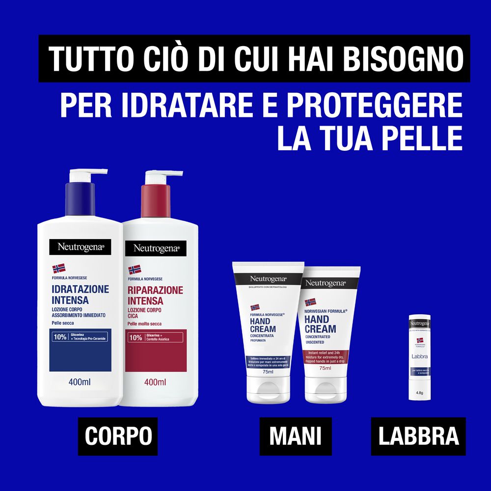 Neutrogena Produkte. Auf blauem Hintergrund: Körperlotion, Handcreme, Lippenbalsam-Stick.