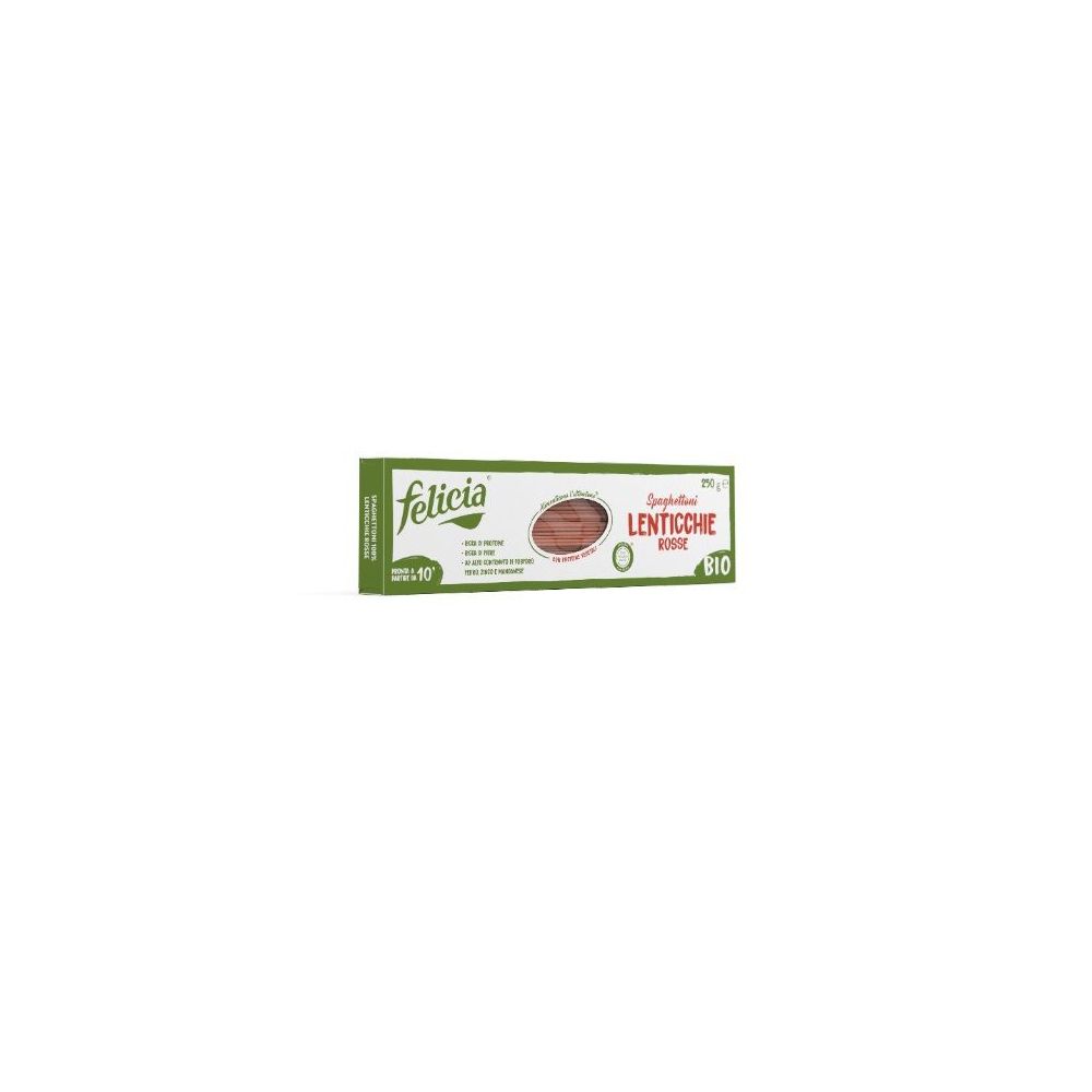 Grüne Verpackung mit Felicia-Logo und Text. Enthält Linsen-Nudeln. Bio-Zertifizierung. Aufschrift: LENTICCHIE ROSSE.