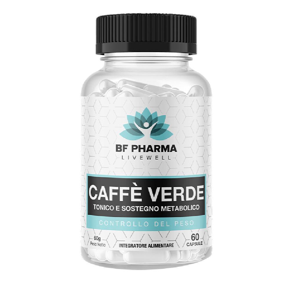 Flacone trasparente con tappo nero. Contiene capsule. Scritta: Caffe Verde, Tonico e Sostegno Metabolico, 60 Capsule.