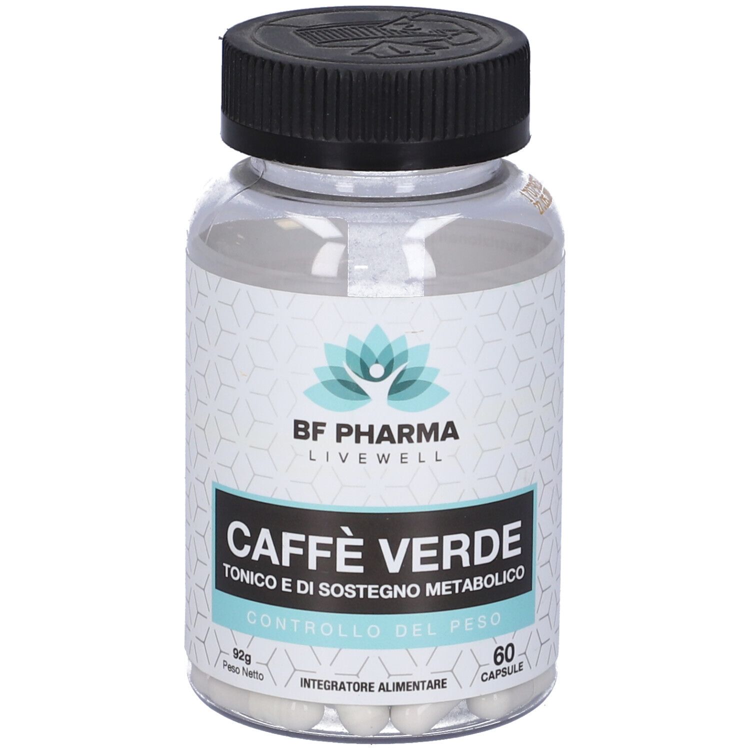 Flacone trasparente con tappo nero. Contiene capsule. Scritta: Caffe Verde, Tonico e di Sostegno Metabolico, 60 Capsule.