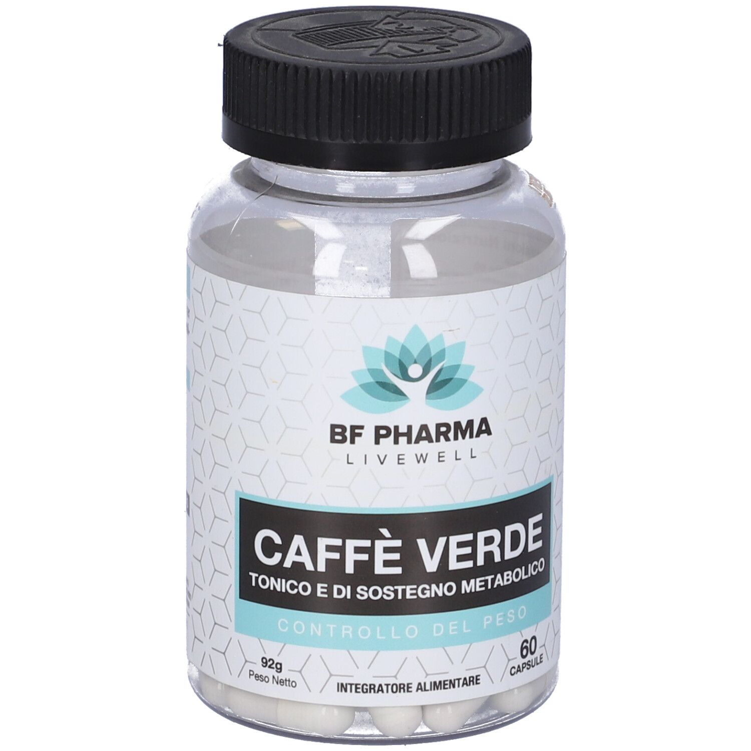 Flacone trasparente con tappo nero. Contiene capsule. Scritta: Caffe Verde, Tonico e di Sostegno Metabolico, 60 Capsule.